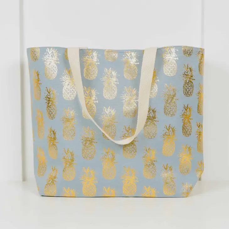 Pineapple Beach Bag/Summer Tote Dusty Blue & Gold Foil