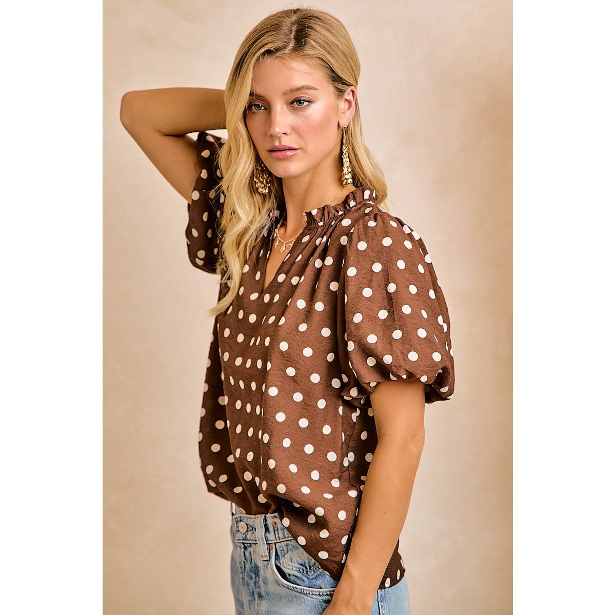 Jenna Polka Dot Woven Top - Dark Mocha