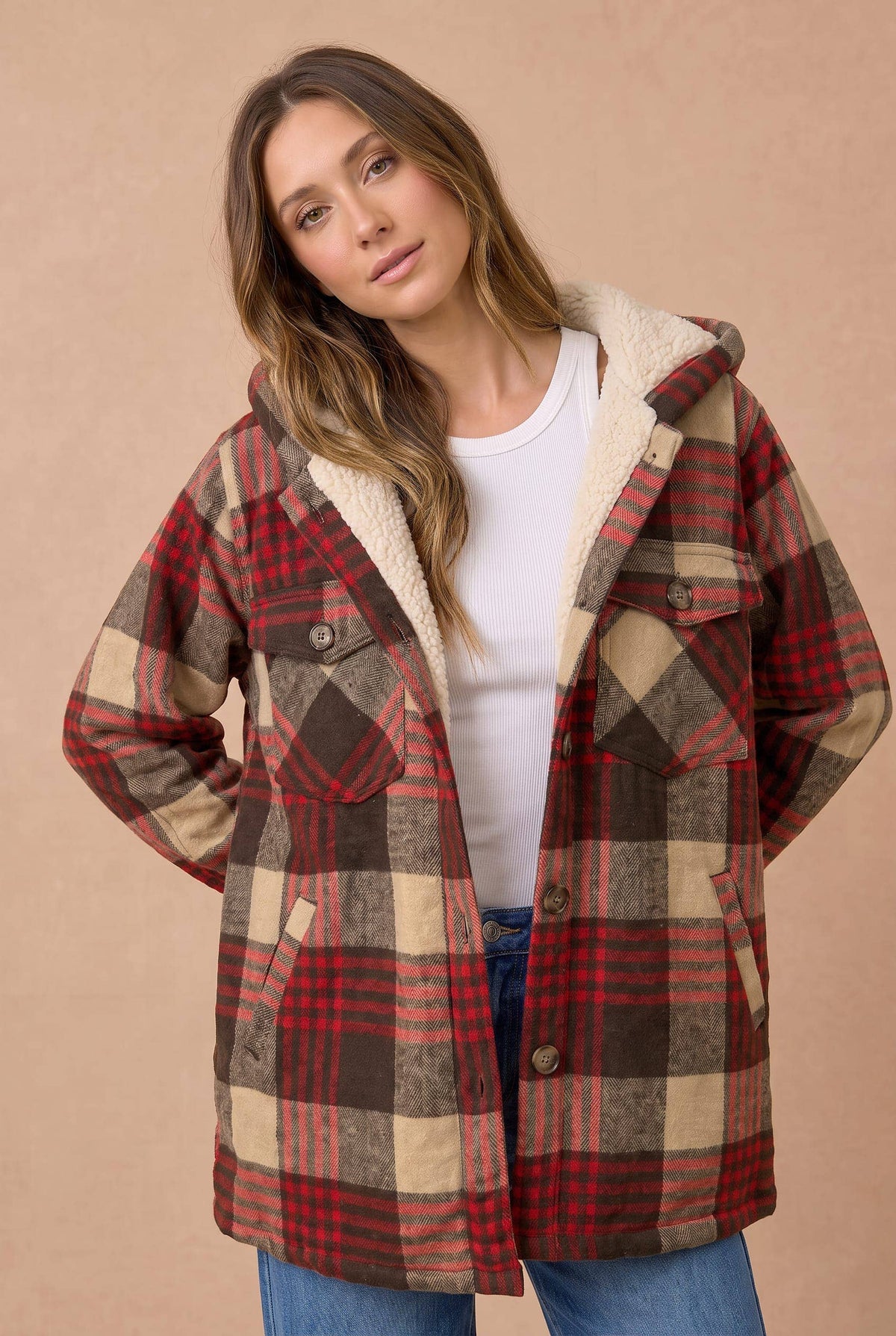 Emma Plaid Button Up Jacket With Fur Lined Hood