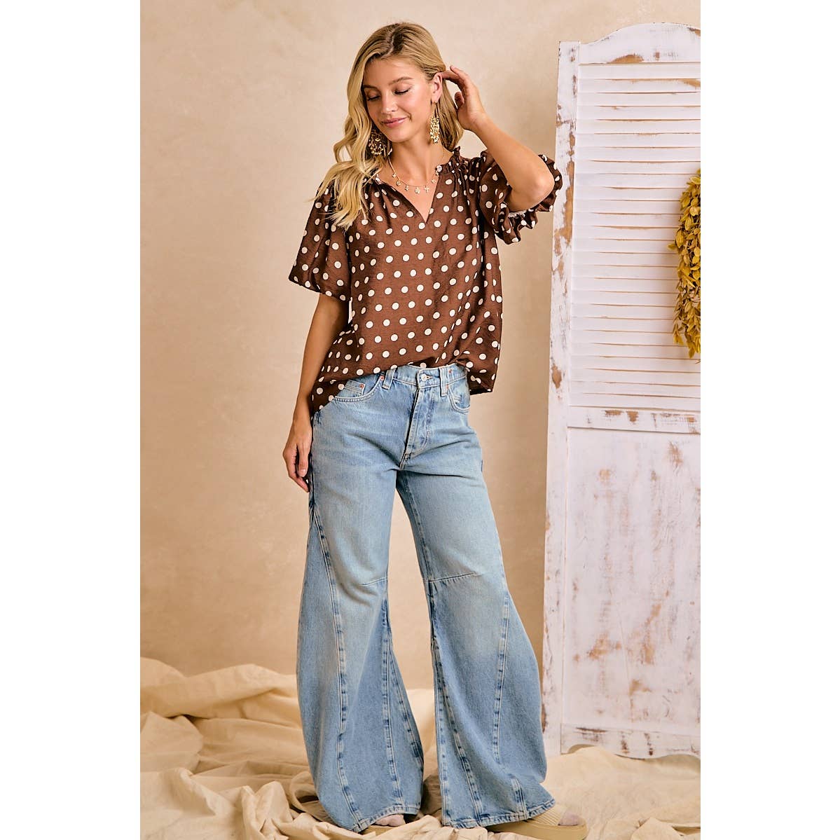 Jenna Polka Dot Woven Top - Dark Mocha