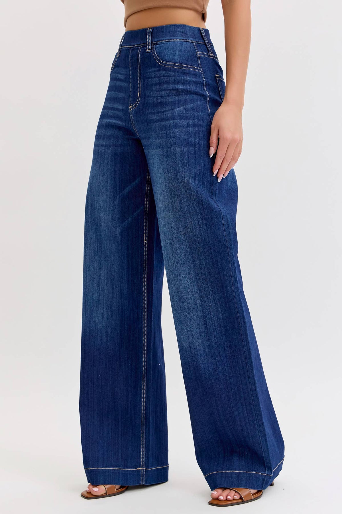 Cello Brand High Rise Pull-On Wide Leg Denim - Dark Wash