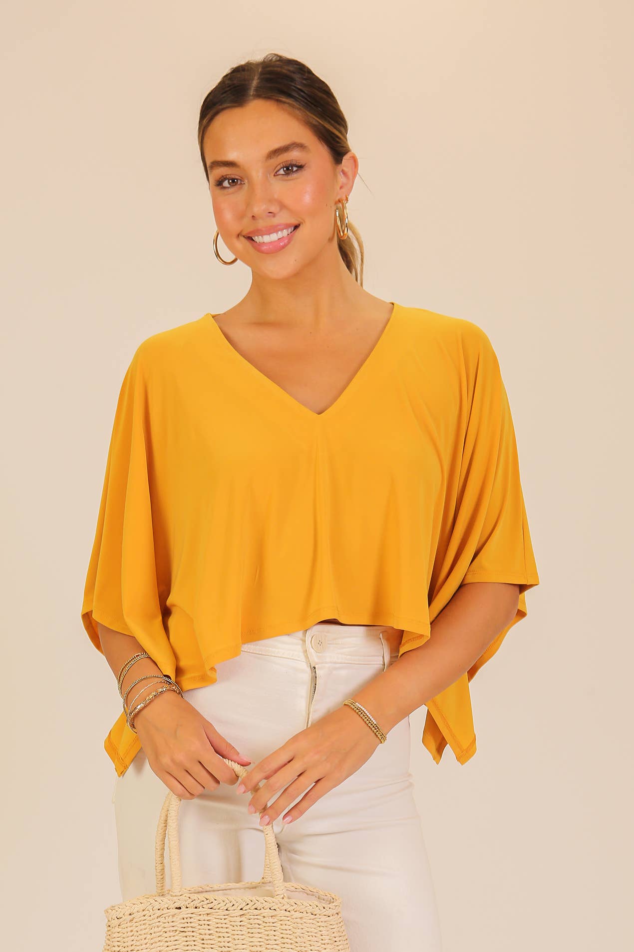 Auriona Flowy V-Neck Poncho Top - Mustard