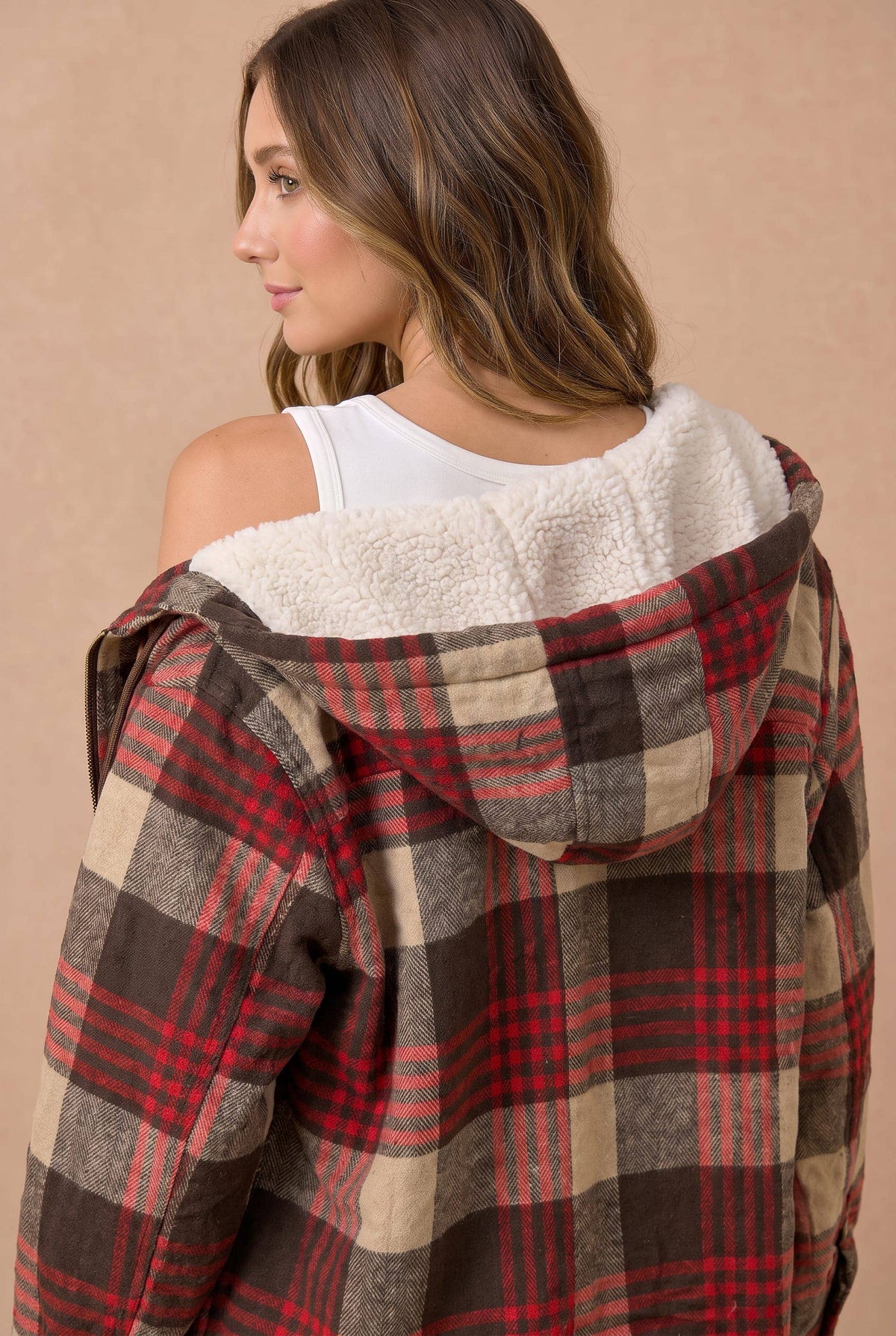 Emma Plaid Button Up Jacket With Fur Lined Hood