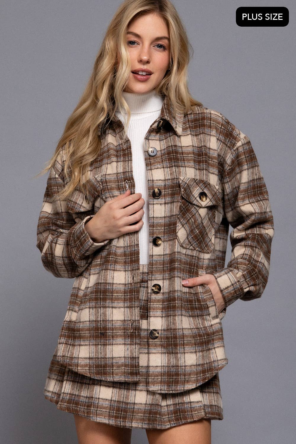 PLUS Wool Blend Plaid Button Down Jacket - Taupe/Chocolate