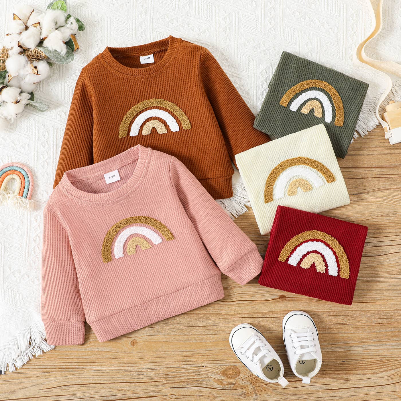 Baby BoyGirl Rainbow Pattern Waffle Long-sleeve Sweatshirt: Beige / 3 Years