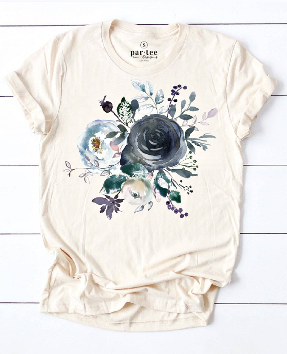 Navy Floral Bouquet Tee: Cream