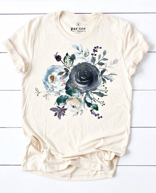Navy Floral Bouquet Tee: Cream