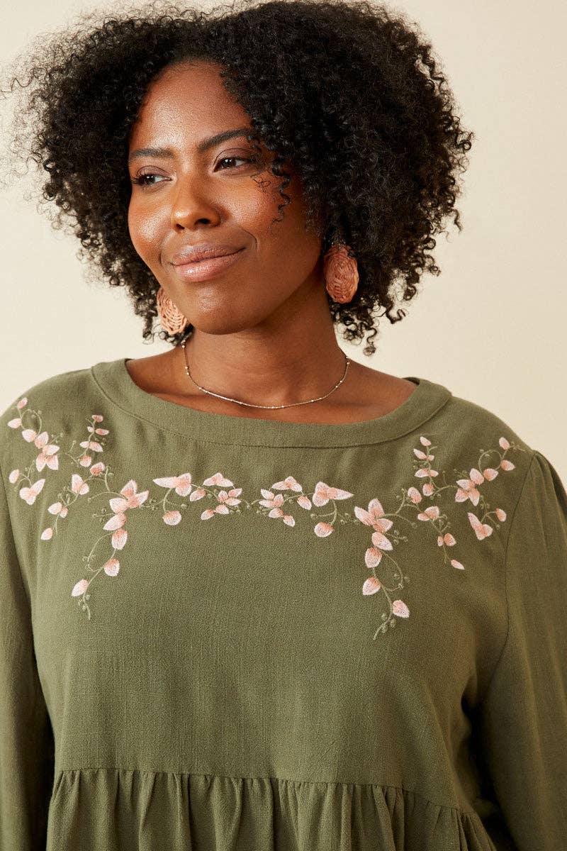 Plus Angela Embroidered Peplum Top - Olive