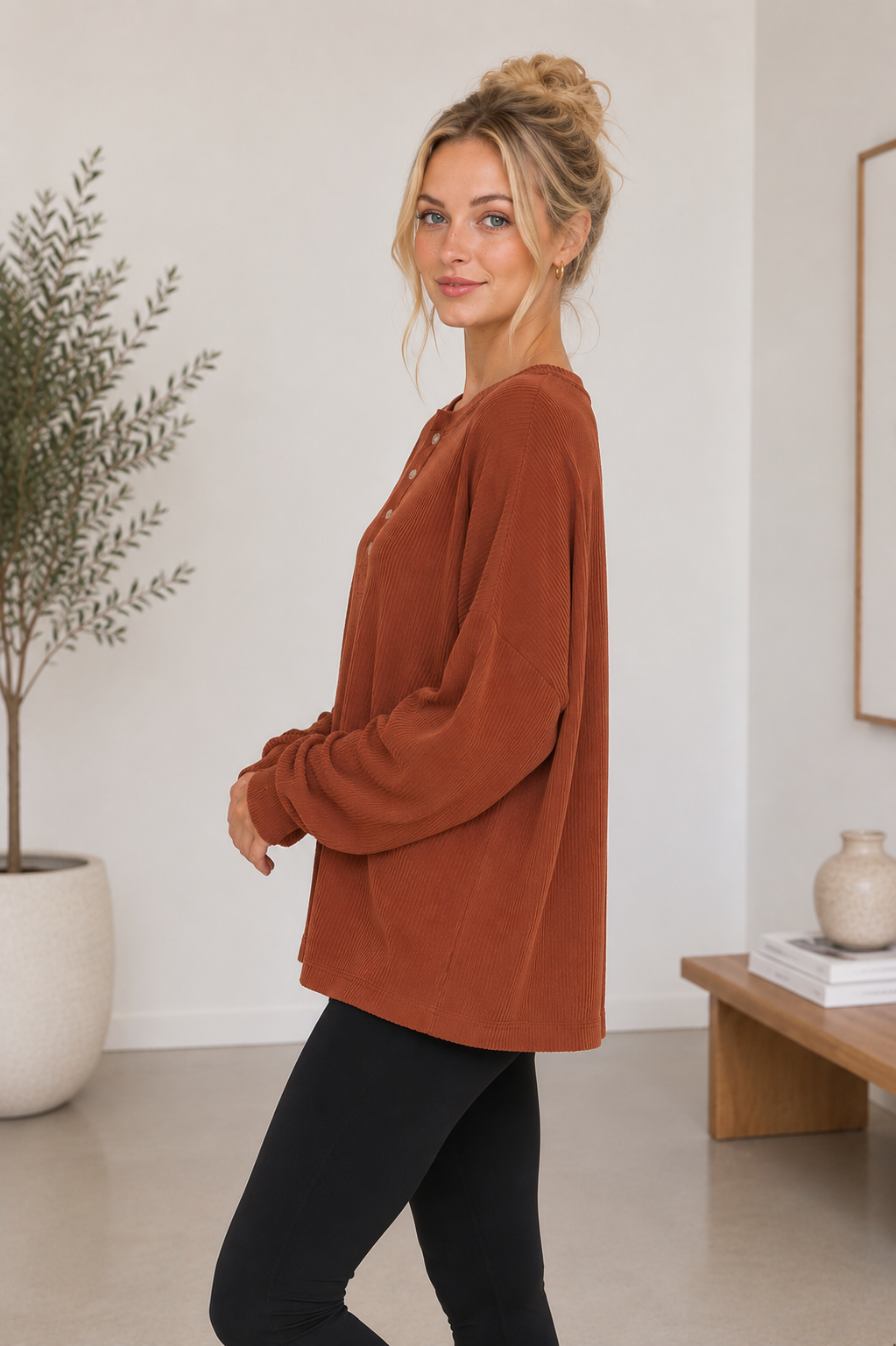 Teagan Ribbed Henley Tunic - Rust