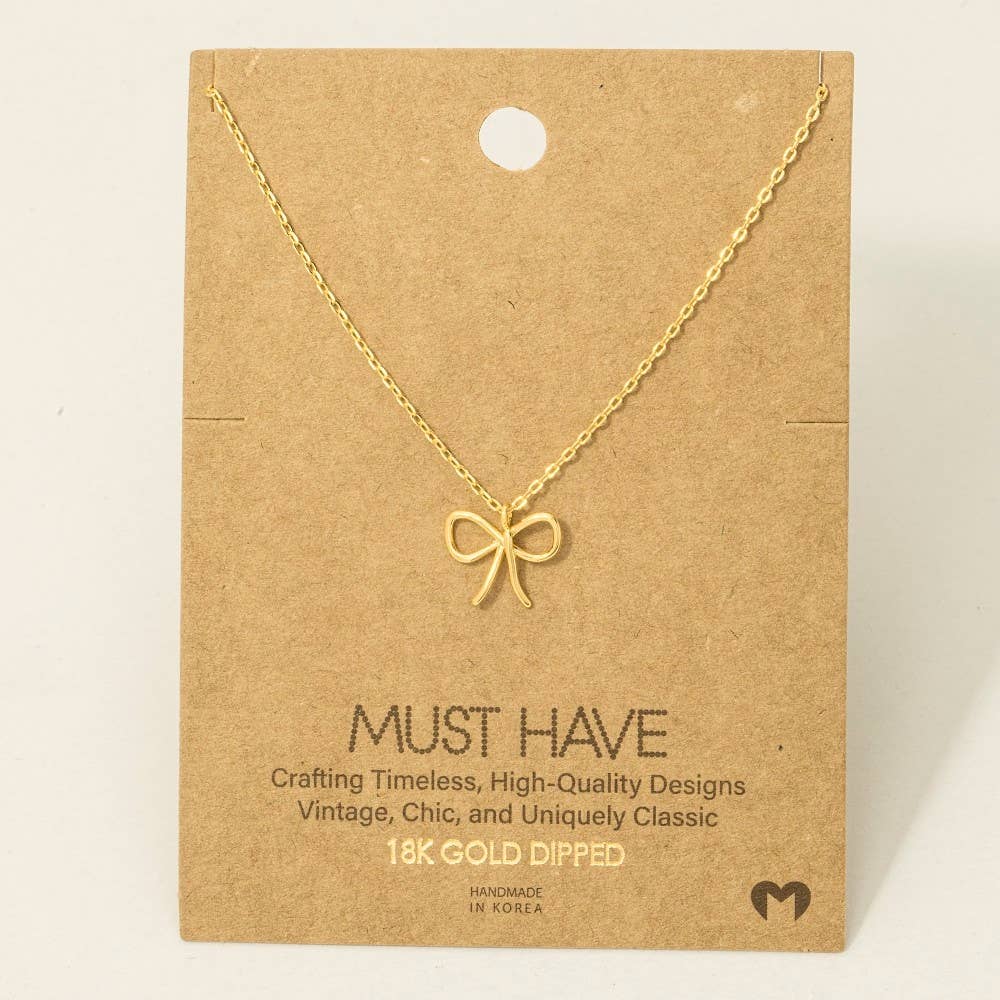 Gold Dipped Wire Ribbon Bow Pendant Necklace: G