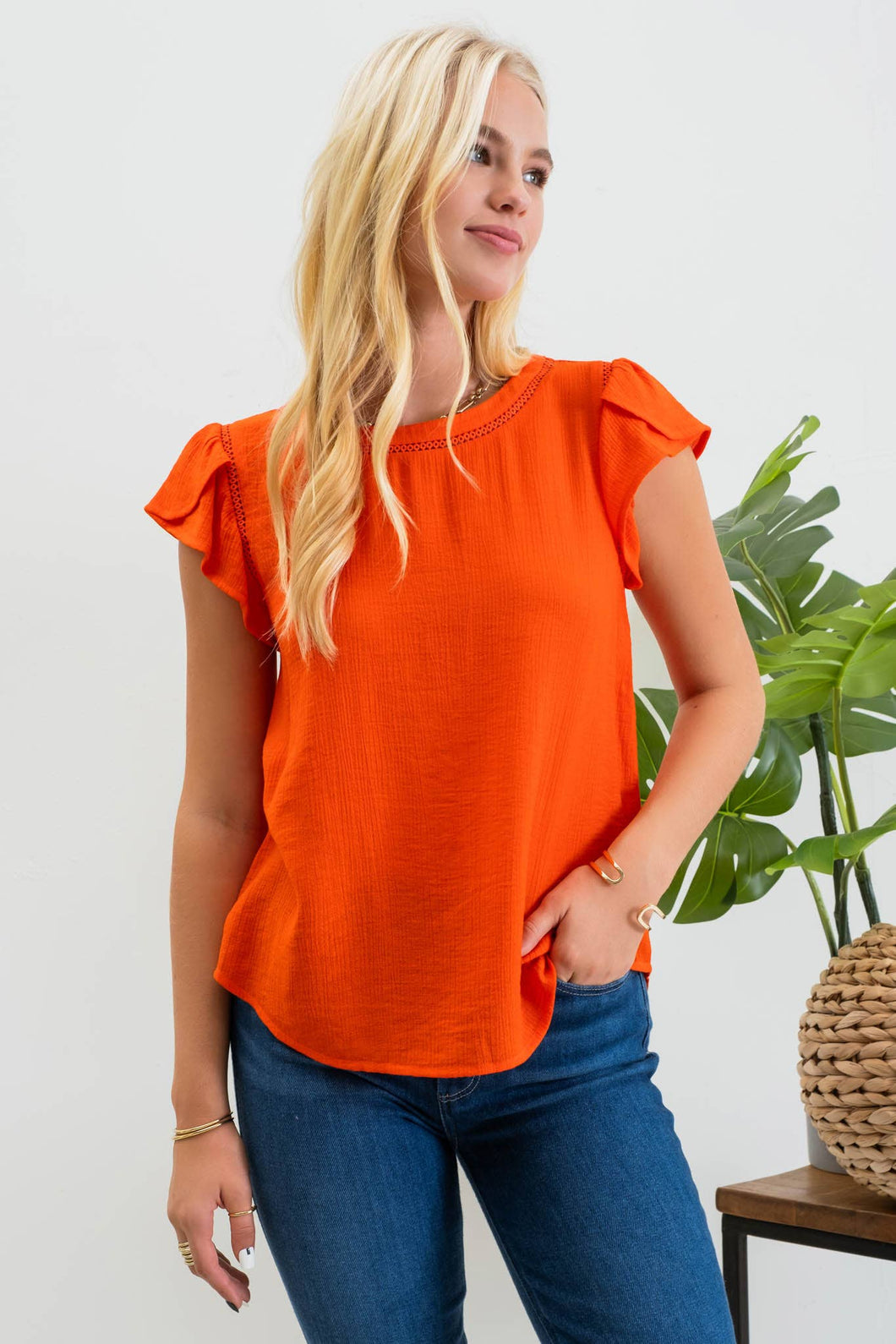 Ella Tulip Sleeve Top - Tomato Red
