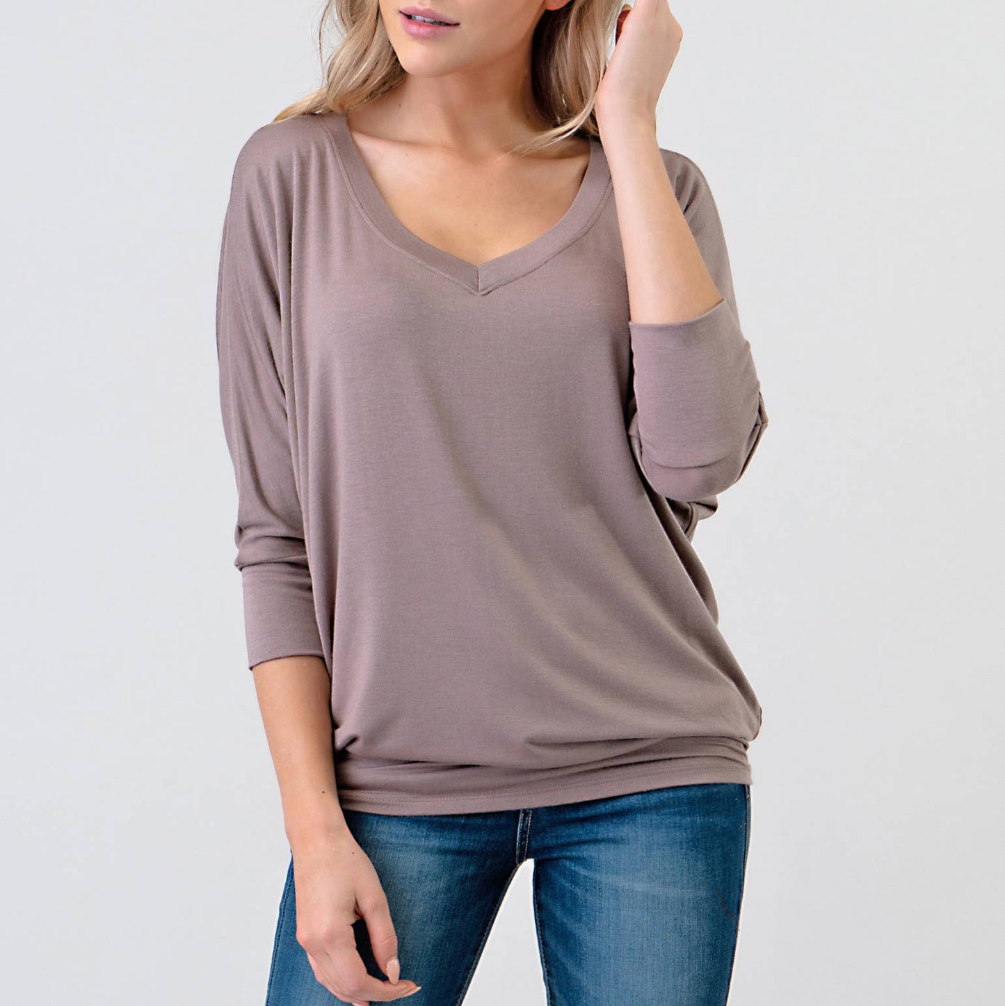 Bethany 3/4 Dolman Sleeve V-neck Modal Jersey Top: Ash Brown