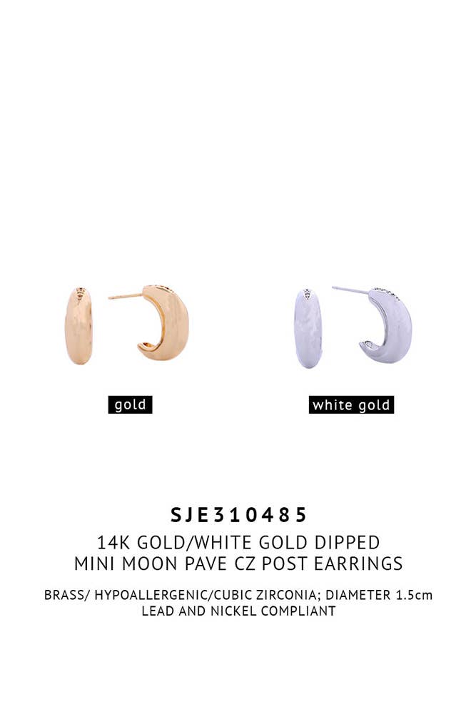 14K Mini Moon Pave CZ Post Earrings: Gold