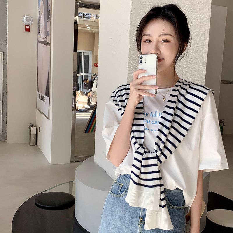 Cozy Knitted Striped Shawl Wrap AL-931089: Black / 100cm