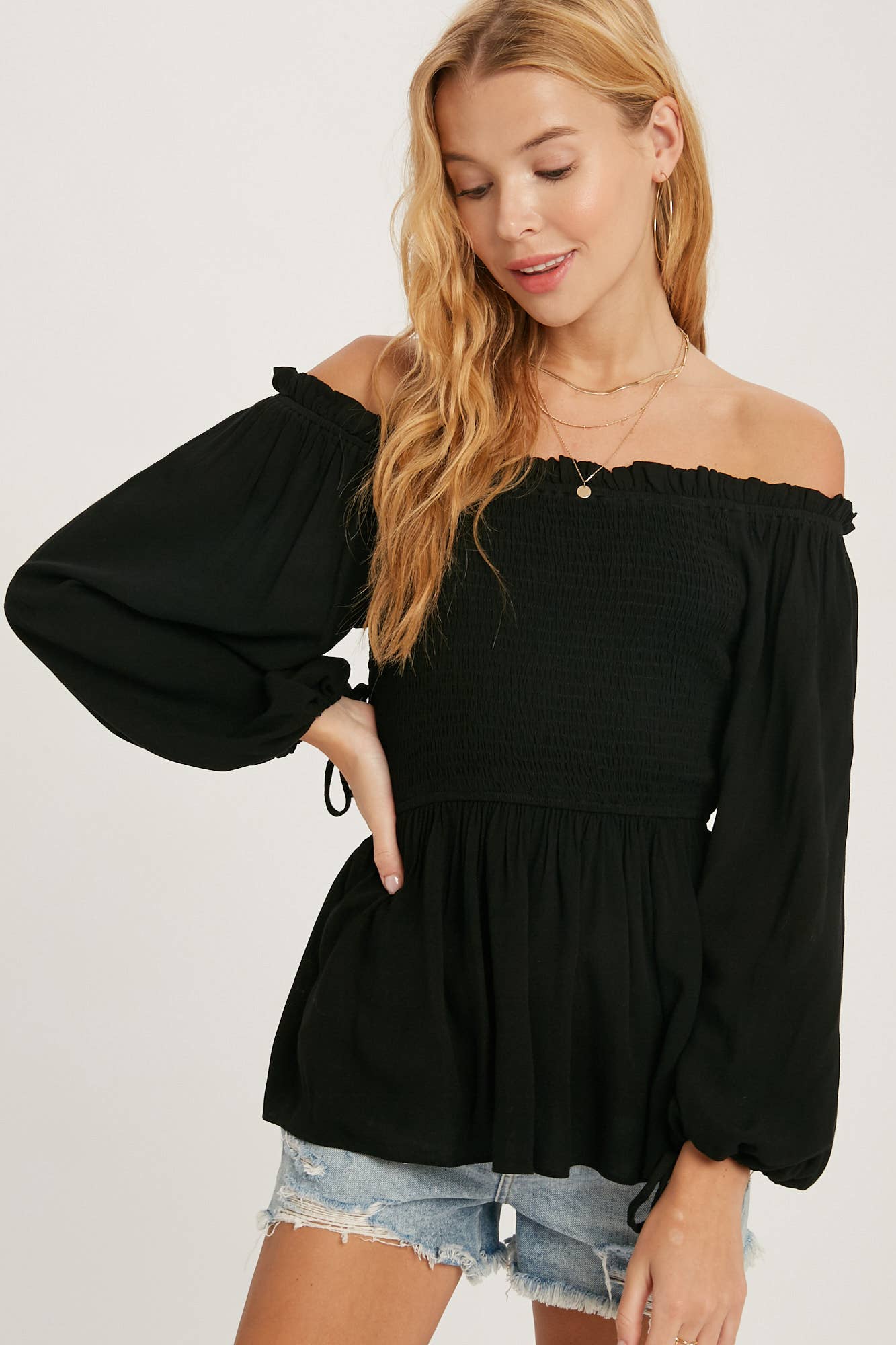 Ansley SMOCKED PEPLUM BLOUSE: BLACK / S