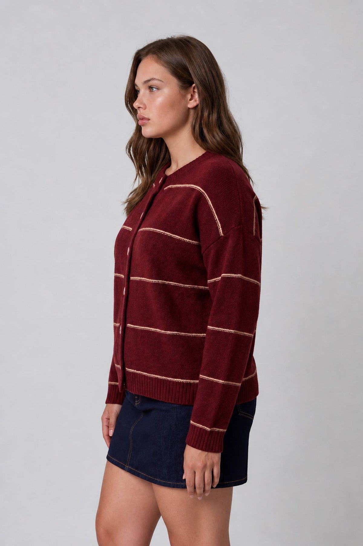 Plus Brynlee Striped Button Down Cardigan - Red Wood