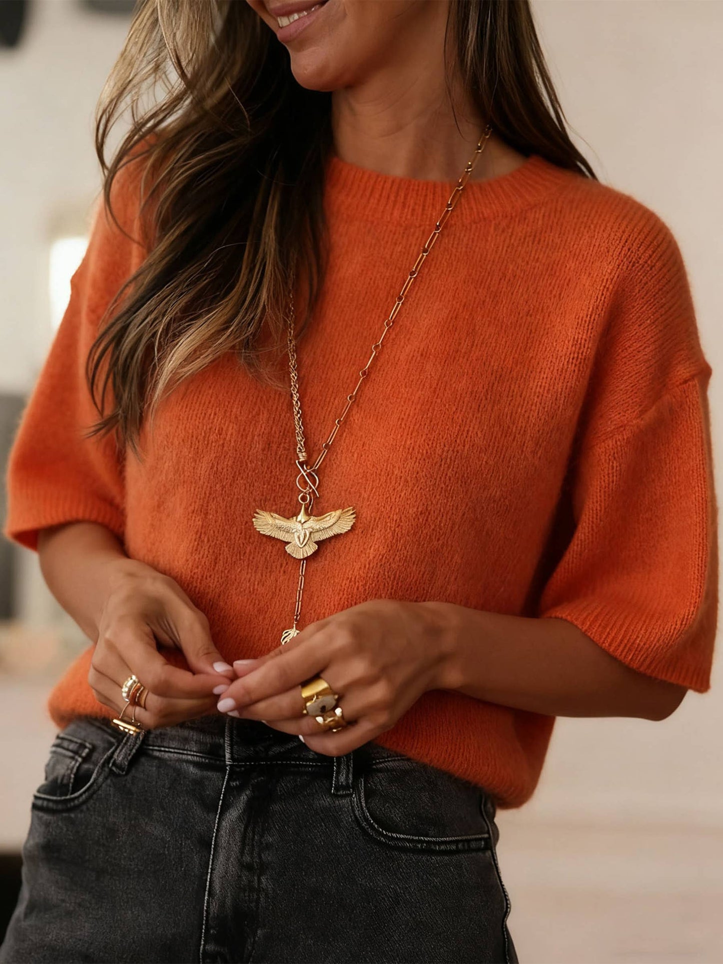 Kelsey Knit Half Sleeve Sweater- Orange