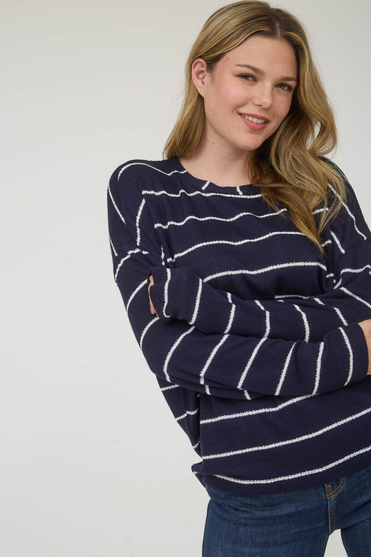 Angie Striped Drop Shoulder Knit Sweater - Navy/White