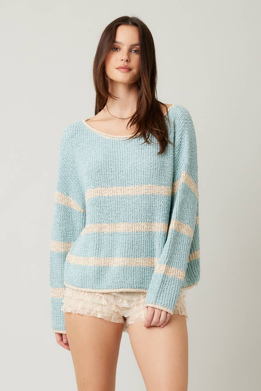 Lyla Lightweight Round Neck Sweater: Mint Oatmeal