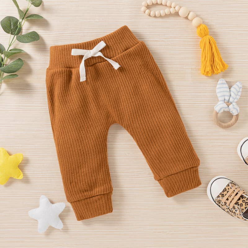 Baby BoyGirl 3pcs Solid Ribbed Long-sleeve and Trouser Set: Burgundy / 9-12 Months