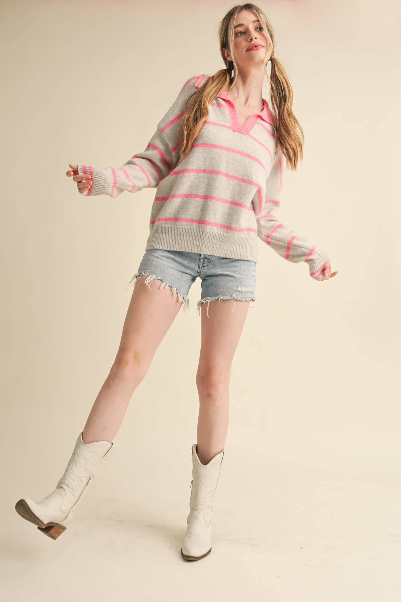 Lindsey Striped Collar Sweater Candy Pink/Gray
