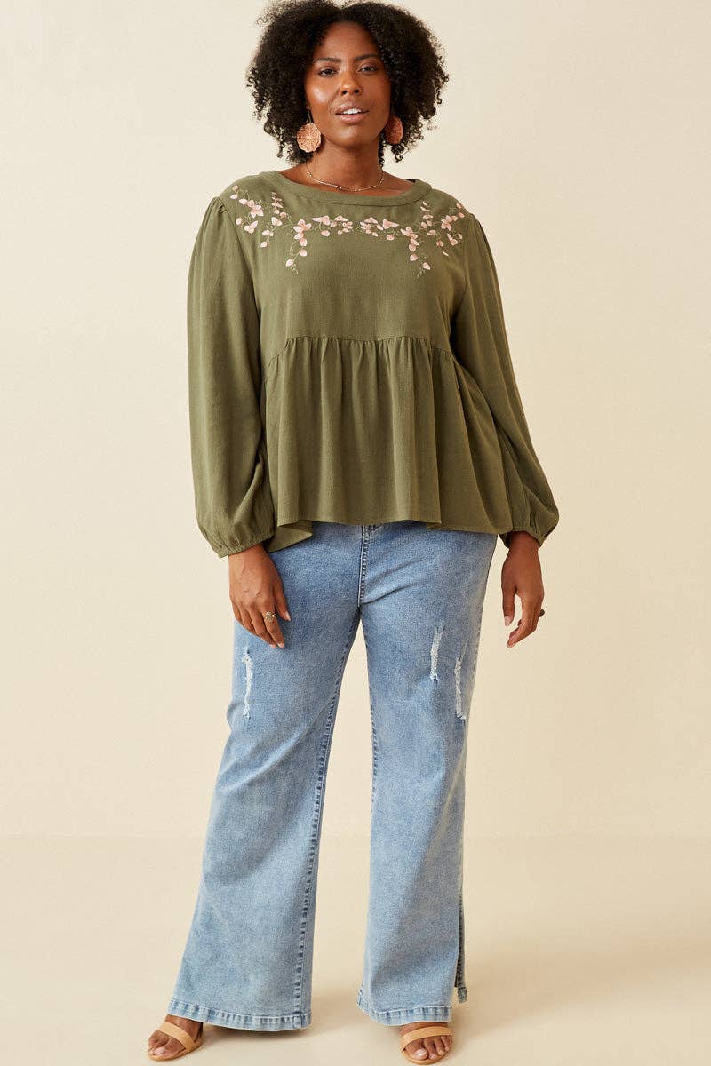 Plus Angela Embroidered Peplum Top - Olive