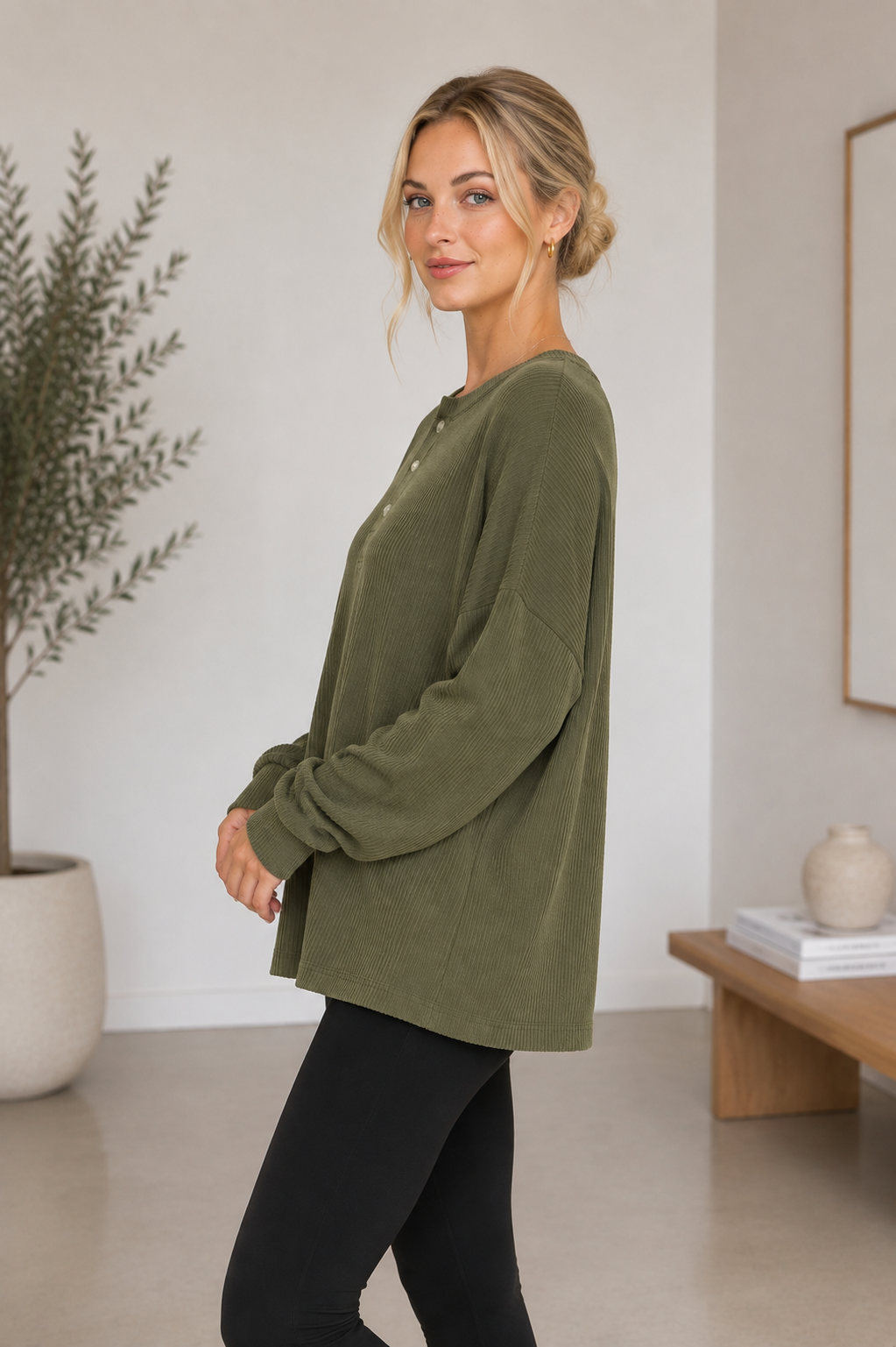Teagan Ribbed Henley Tunic - Olive