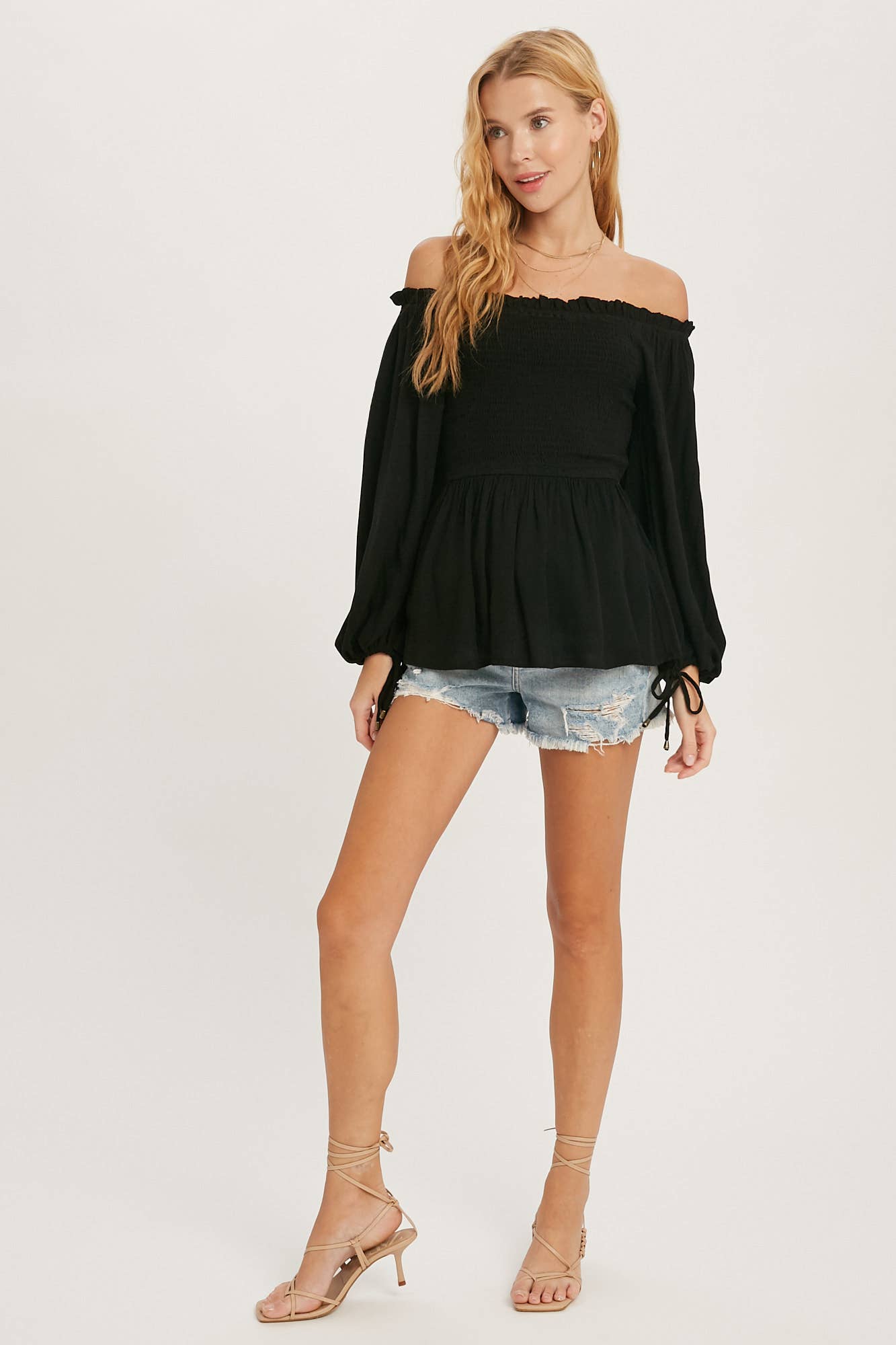 Ansley SMOCKED PEPLUM BLOUSE: BLACK / S