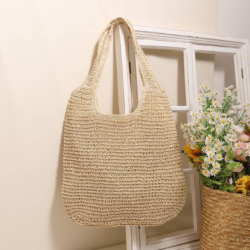 Casual Straw Beach Tote - Beige