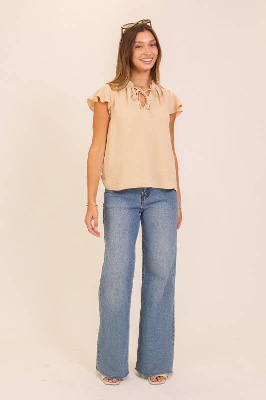 Alexandra Flutter Sleeve Tie-Front Blouse - Beige