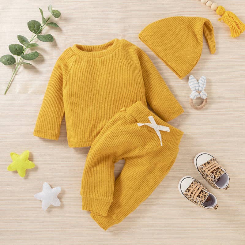 Baby BoyGirl 3pcs Solid Ribbed Long-sleeve and Trouser Set: Burgundy / 9-12 Months