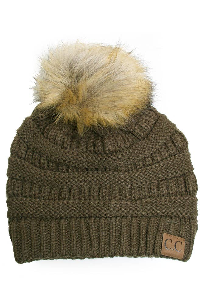 C.C Solid Ribbed Knit Beanie With Pom: New Olive