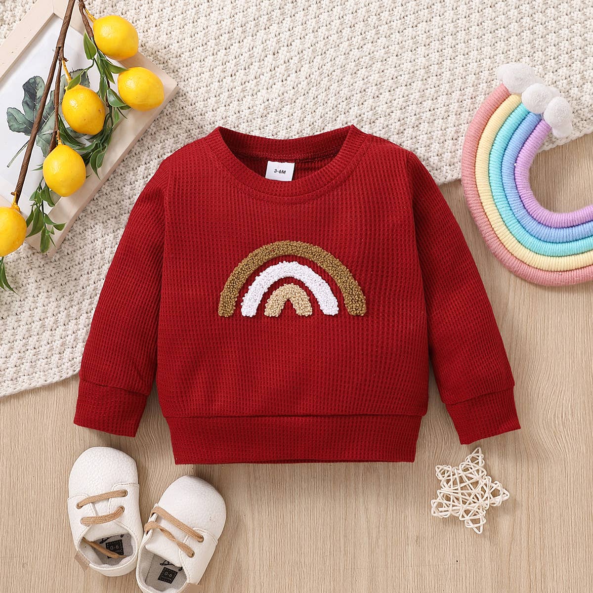 Baby BoyGirl Rainbow Pattern Waffle Long-sleeve Sweatshirt: Pink / 18-24 Months