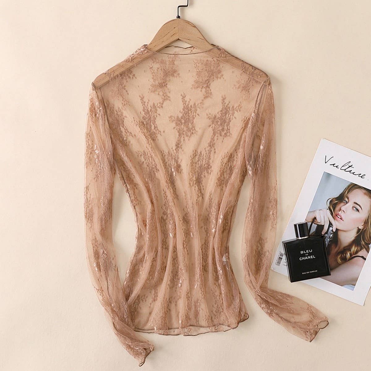 Sexy Mesh Blouse - Long Sleeve Lace Top for Women_CWTBLL3619: APRICOT / (M) 1