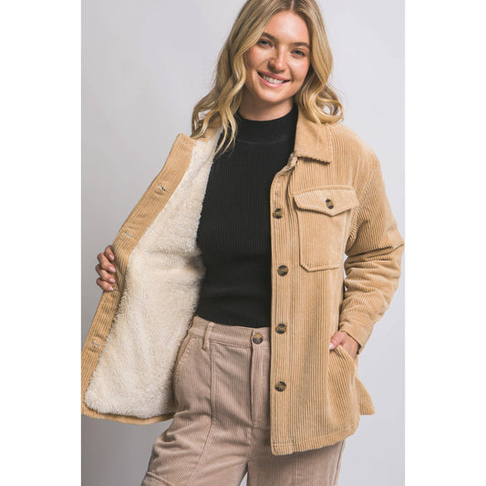 Carly Corduroy Button Up Sherpa Jacket : Beige