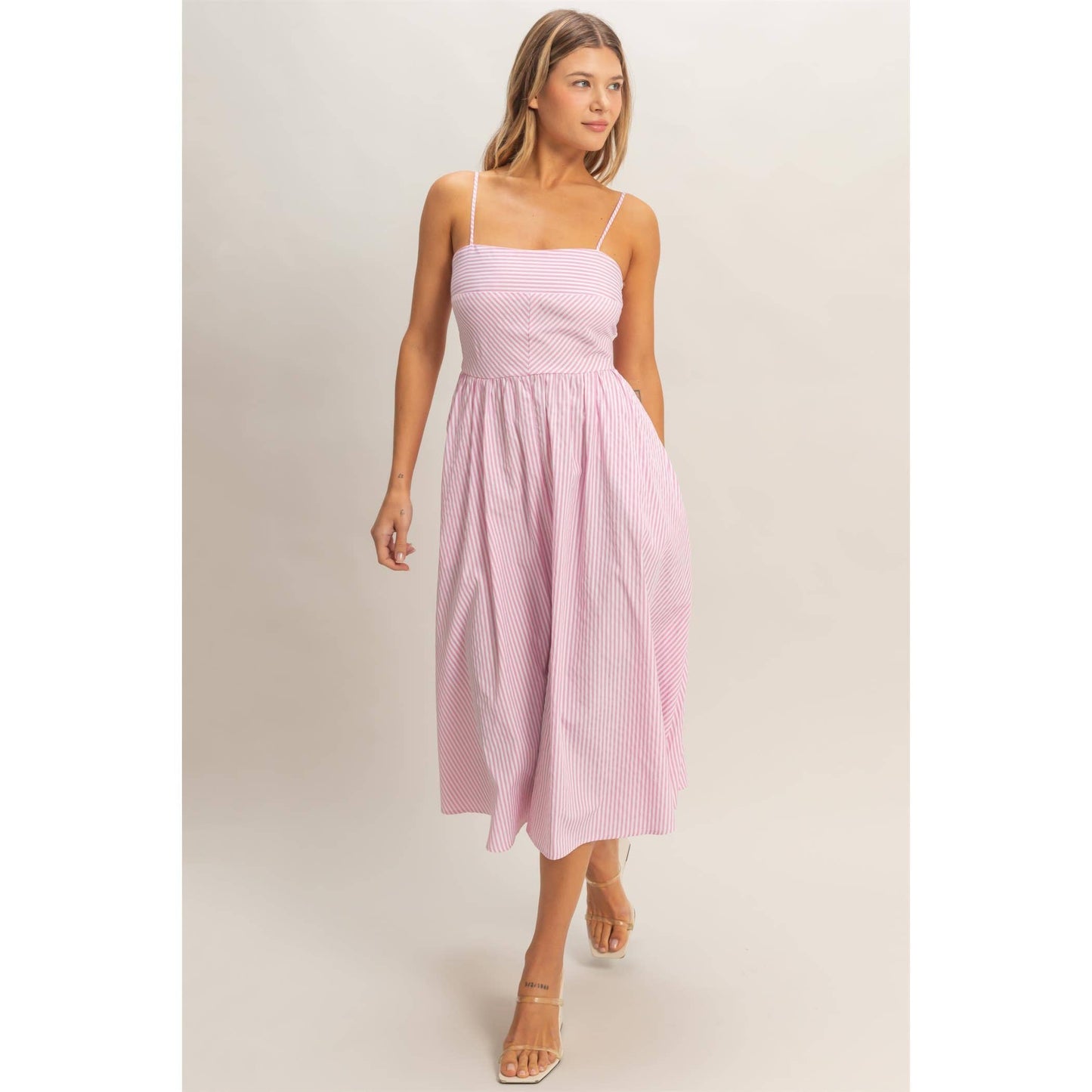 Ella Striped Spaghetti Strap Dress - Pink
