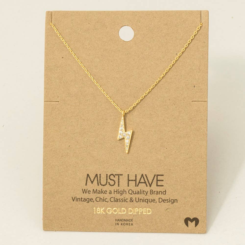 Gold Dipped Pave Lightning Bolt Pendant Necklace: G
