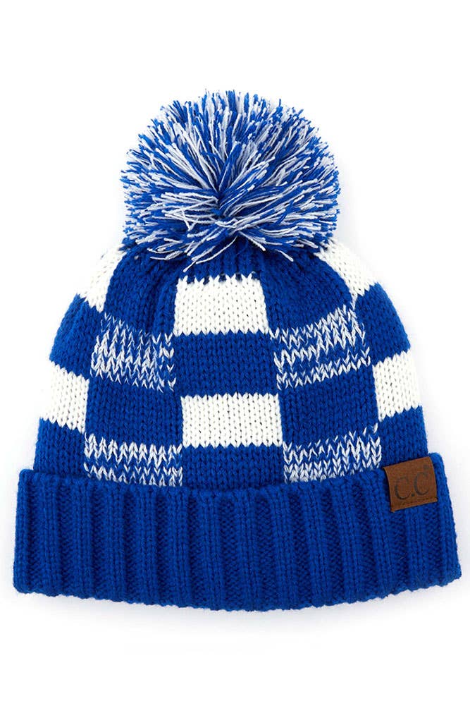 C.C Buffalo Check Team Color Beanie with Pom Winter Beanie: Black/Gold