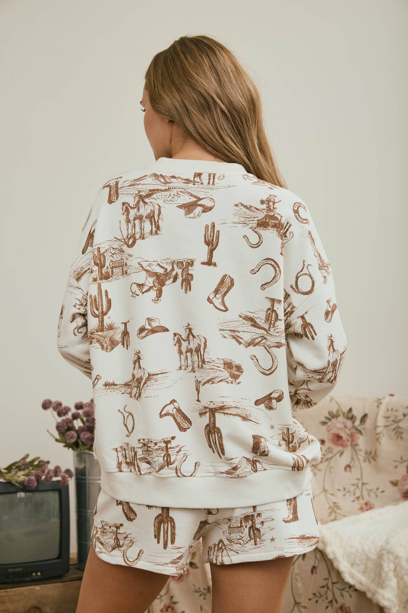 Sierra Western Print French Terry Crew Neck - Cream
