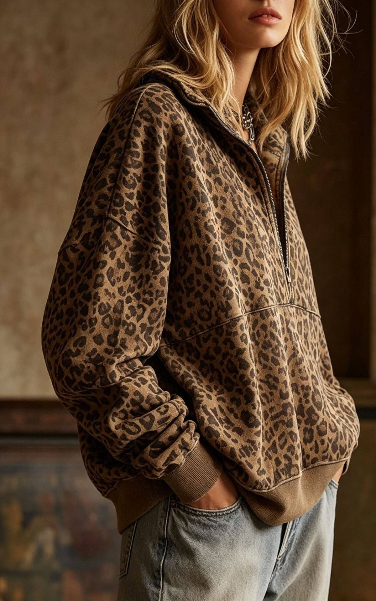 Leopard Print Half Zip Oversized Pullover Sweatshirt: Coffee / 95%Polyester 5%Elastane / L