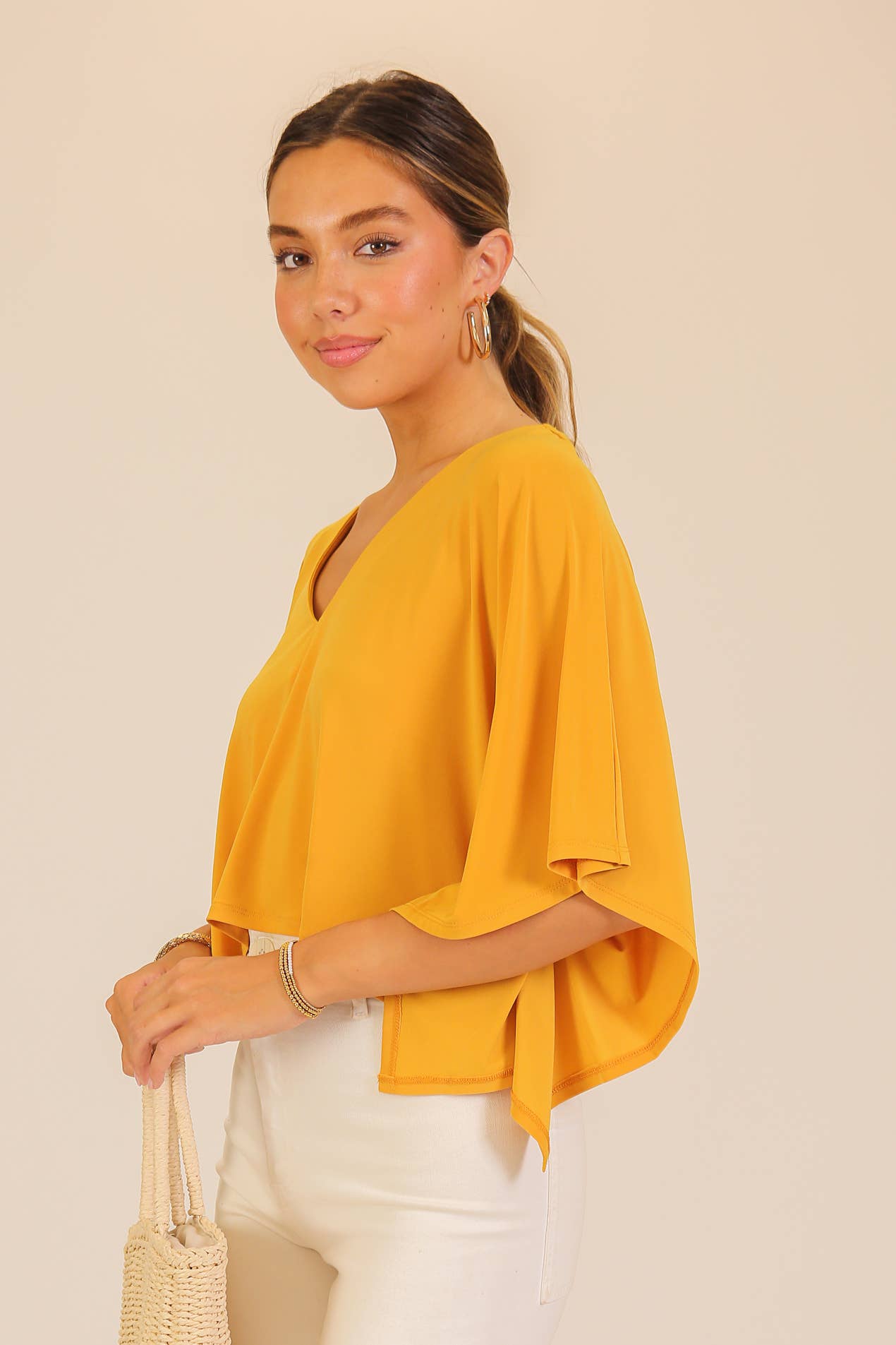 Auriona Flowy V-Neck Poncho Top - Mustard