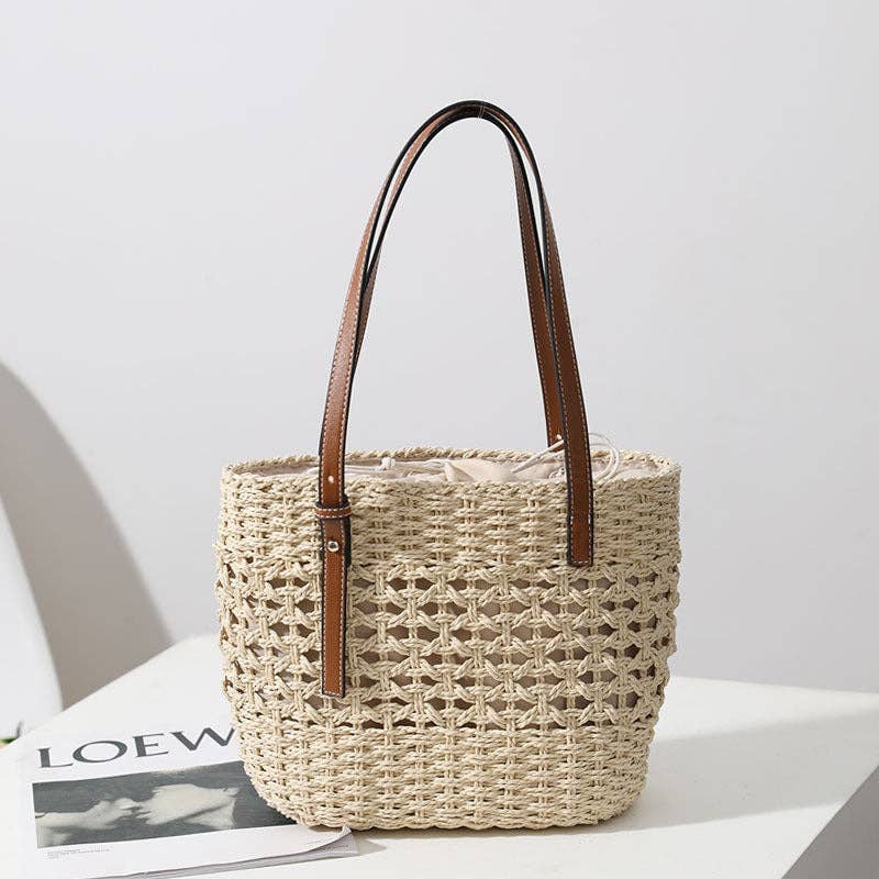 Hollow Weave Straw Tote: Cream