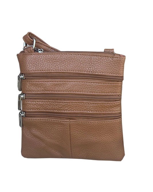 Multi Zipper Cowhide Leather Crossbody - Brown