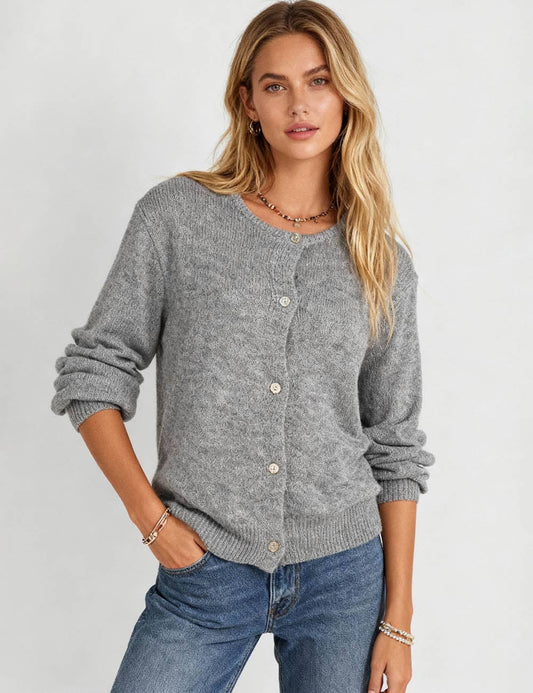 Kate Button Front Ribbed Knit Cardigan - Grey