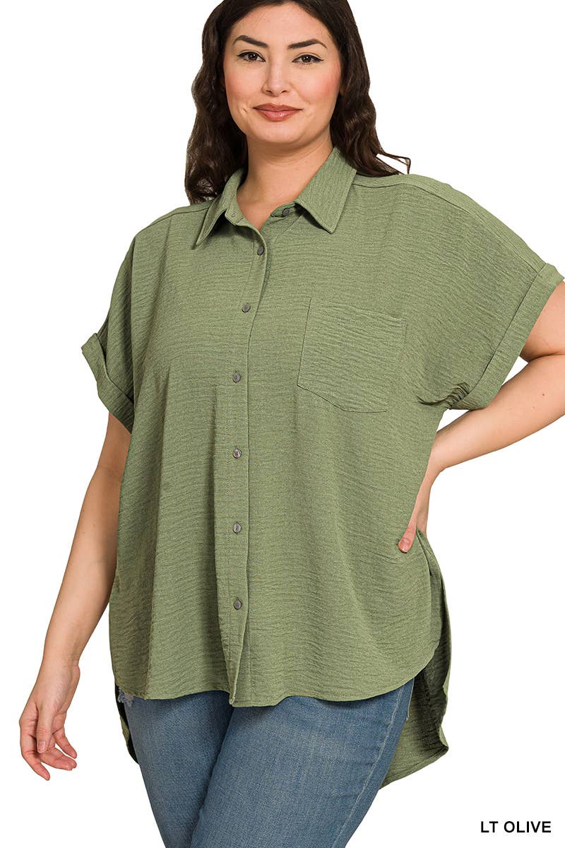 Plus Wendy Woven Air Flow Button Down Shirt - Olive (1X/2X/3X)
