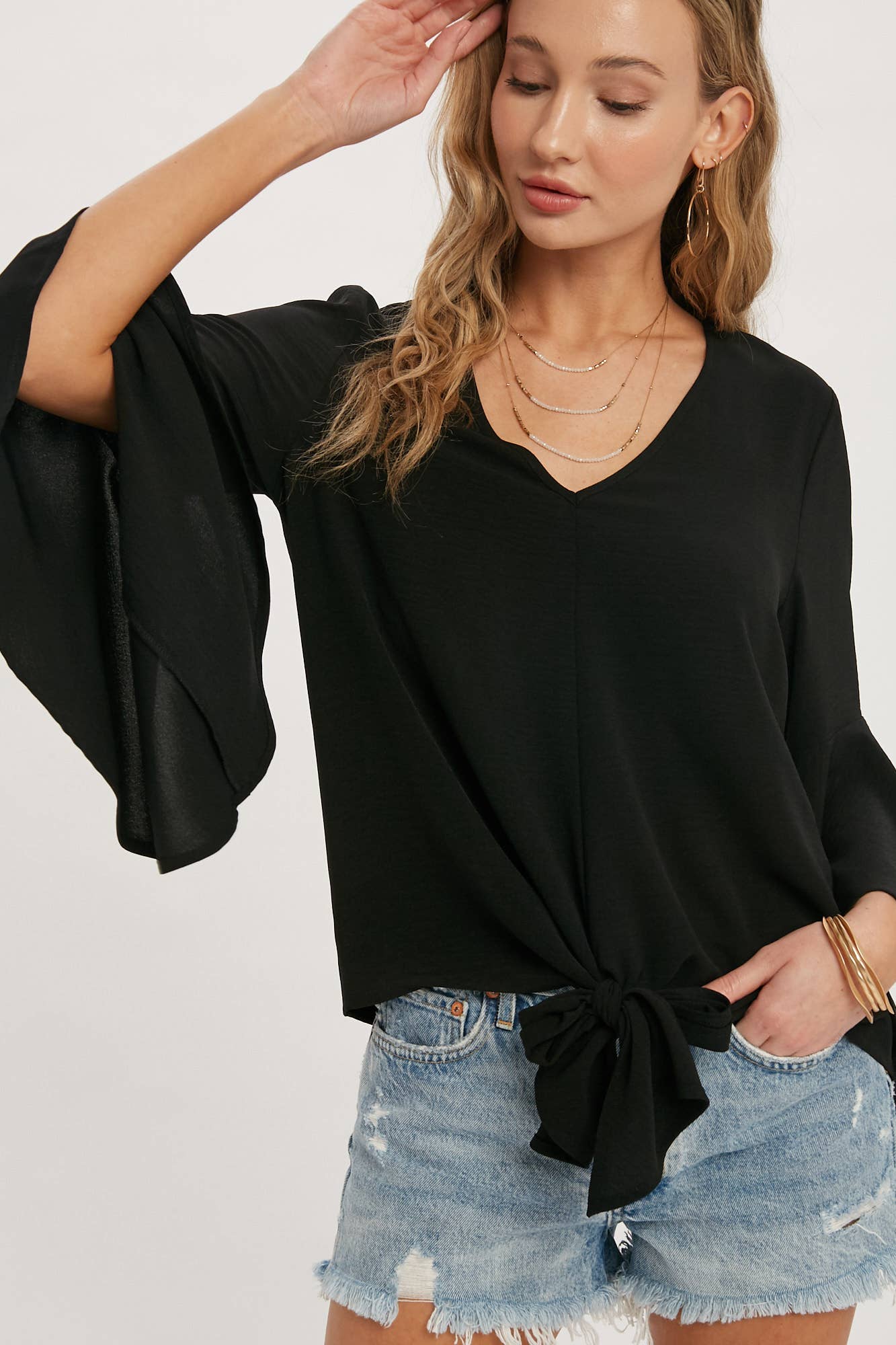 Alaina Front Tie Bell Sleeve Blouse - Black