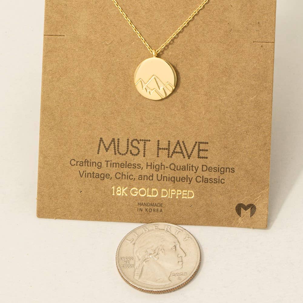 Gold Dipped Etched Mountain Coin Pendant Necklace: G