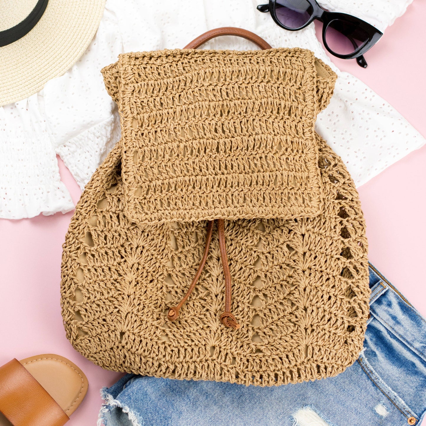 Woven Straw Backpack: Khaki