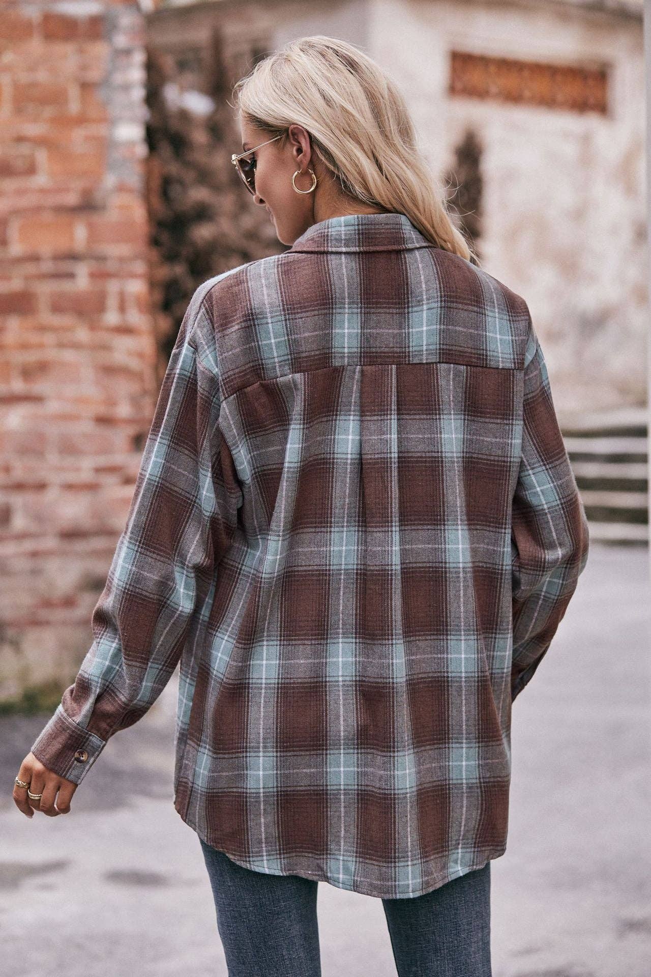 Women's Casual Fashion Oversized Loose Plaid Shirt: Caramel / 100%Polyester / XL