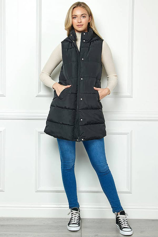 Paige Longline Hooded Puffer Vest: Black